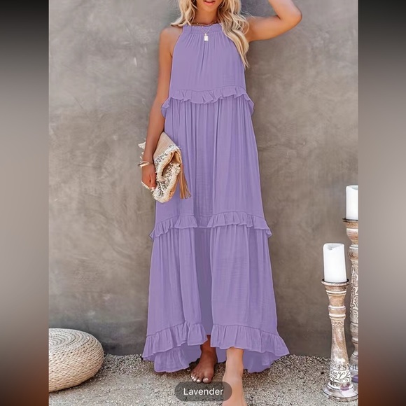 #138 Tiered Ankle Tank Dress, Vocation Backless Halter Neck Dress with Pockets - Picture 11 of 16